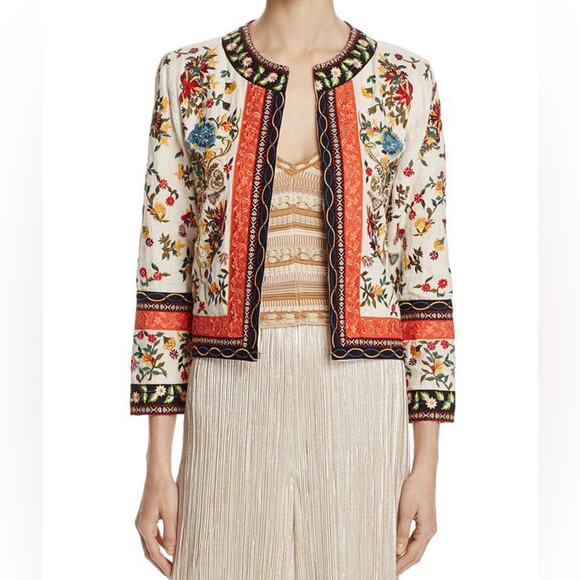 Alice + Olivia Esme Embroidered 100% Linen Cropped Jacket. Like New. - Picture 1 of 15